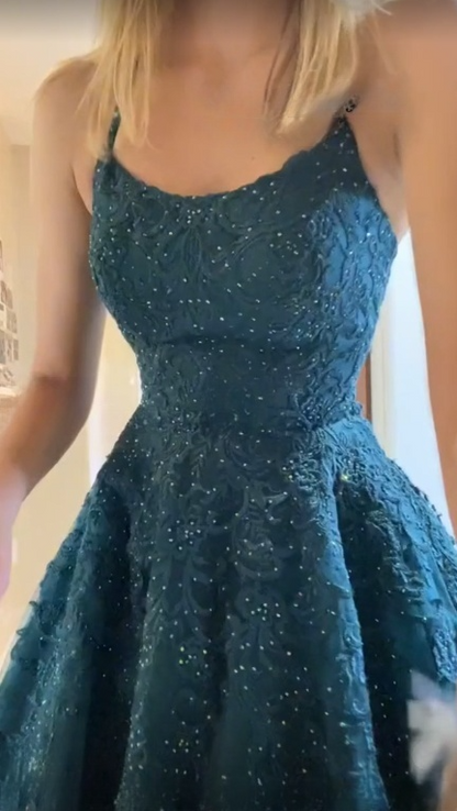 Charming A Line Spaghetti Straps Tulle Applique Beaded With Pocket Long  Prom Dress,Evening Dress GG1742