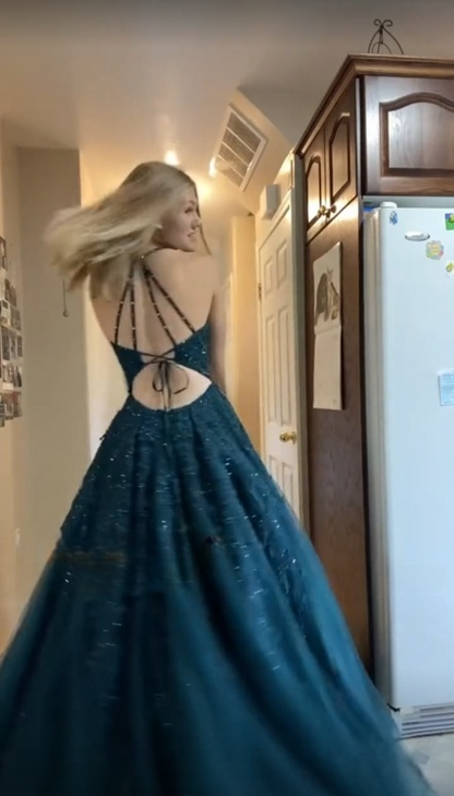 Charming A Line Spaghetti Straps Tulle Applique Beaded With Pocket Long  Prom Dress,Evening Dress GG1742