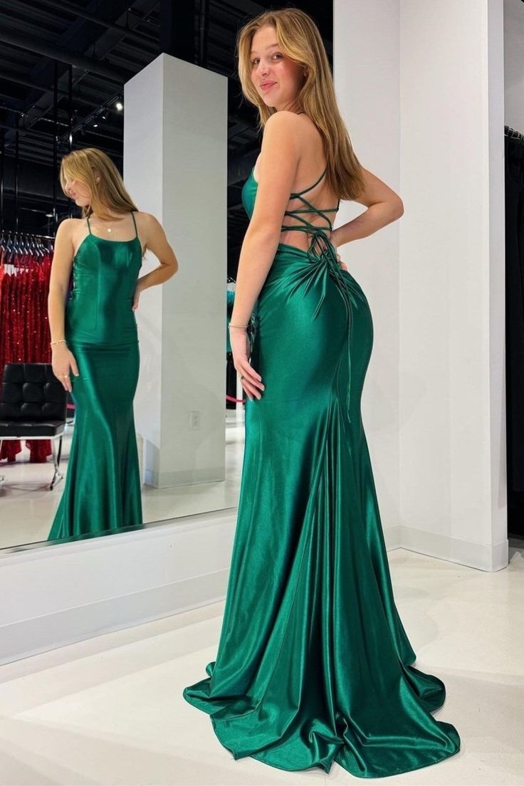 Elegant Mermaid Spaghetti Straps Green Satin Long Prom Dress,Party Dress,Evening Dress GG2404
