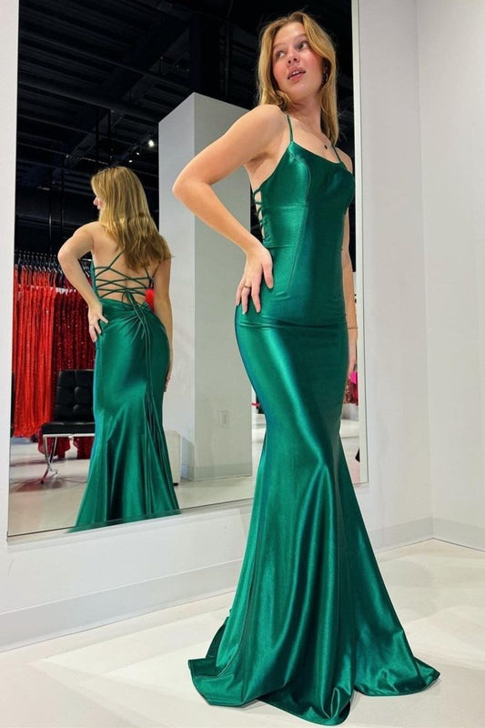 Elegant Mermaid Spaghetti Straps Green Satin Long Prom Dress,Party Dress,Evening Dress GG2404