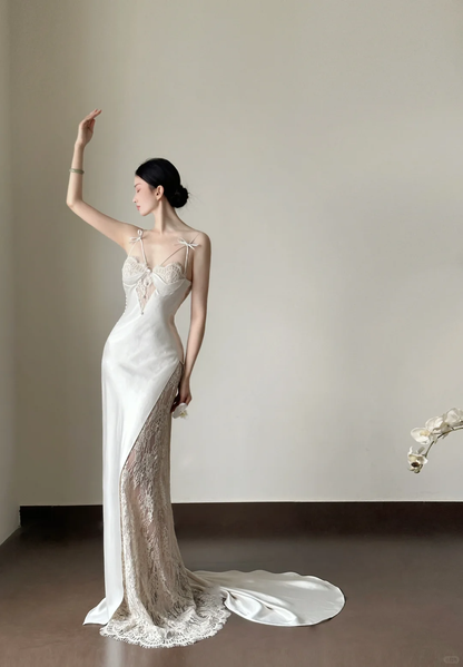 Sexy Mermaid Spaghetti Straps Silk Satin Lace Long Prom Dress, Party Dress, Evening Dress GG2830