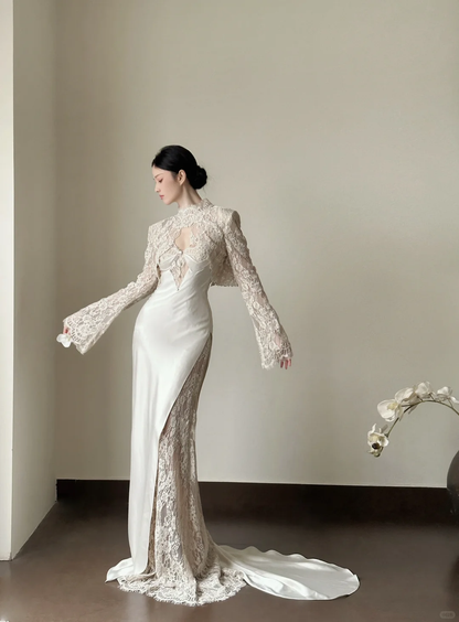 Sexy Mermaid Spaghetti Straps Silk Satin Lace Long Prom Dress, Party Dress, Evening Dress GG2830