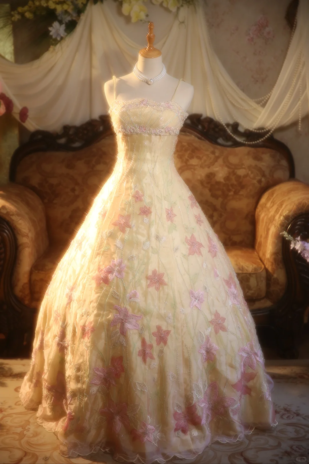 Gorgeous A Line Spaghetti Straps Pastel Yellow Satin Beaded Applique Long Prom Dress, Party Dress, Evening Dress GG2871