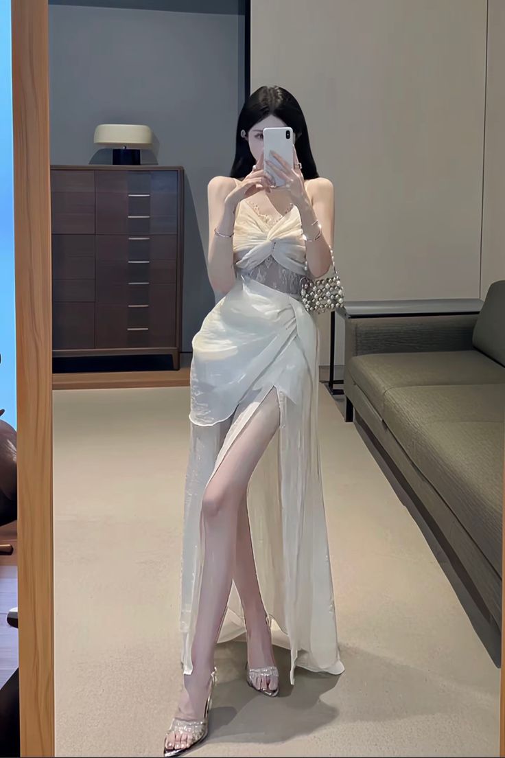 Chic A Line Spaghetti Straps Chiffon Lace Long Slit Prom Dress,Party Dress,Evening Dress GG3541