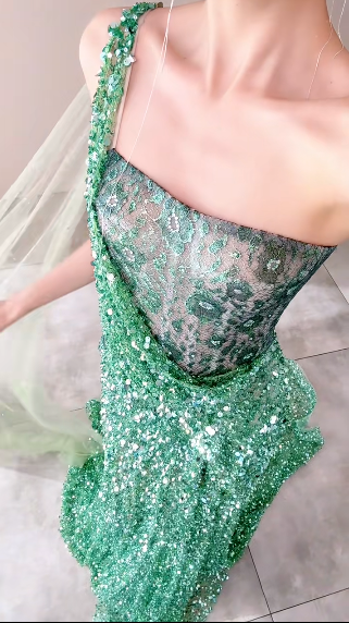 Gorgeous Mermaid One Shoulder Green Sequin Lace Long Slit Prom Dress,Party Dress,Evening Dress GG3603