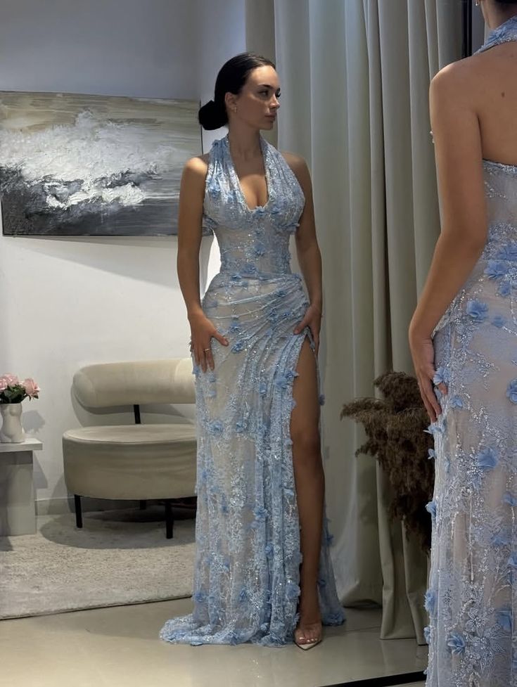 Pretty Mermaid Halter Lace Sequin Applique Slit Without Sleeves Long Prom Dress,Evening Dress GG5385