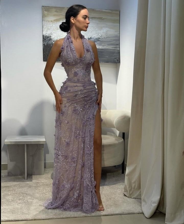 Pretty Mermaid Halter Lace Sequin Applique Slit Without Sleeves Long Prom Dress,Evening Dress GG5385