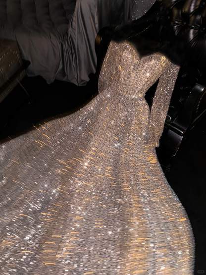 Shiny A Line Long Sleeve Silver Sequin Long Prom Dress Evening Dress SH2979