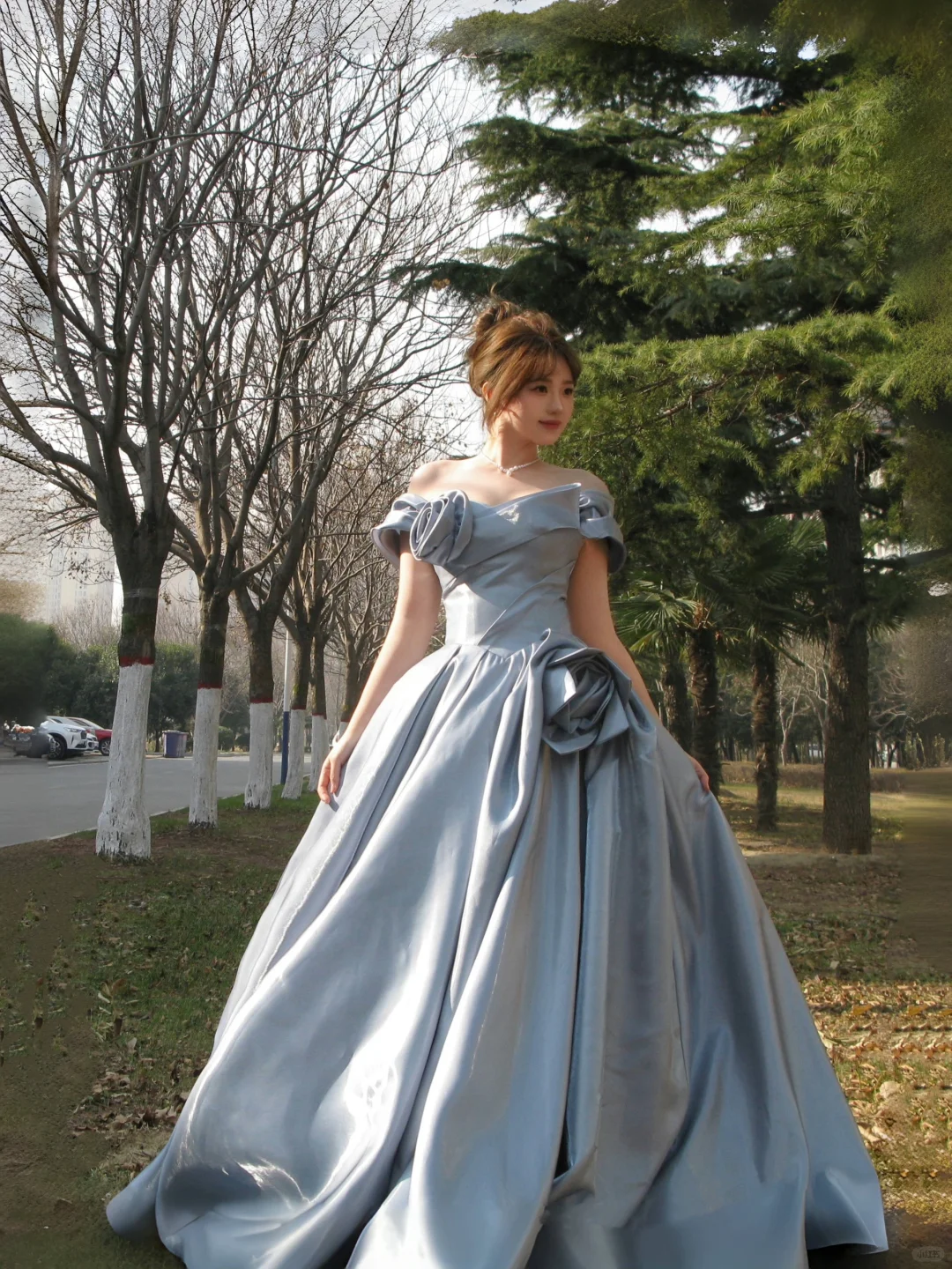 Blue A Line Off the Shoulder Flower Satin Long Party Dress Birthday Dress SH2908