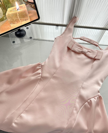 Cute A Line Straps Bow Light Pink Satin Short Homecoming Dress Cocktail Dress SH3052