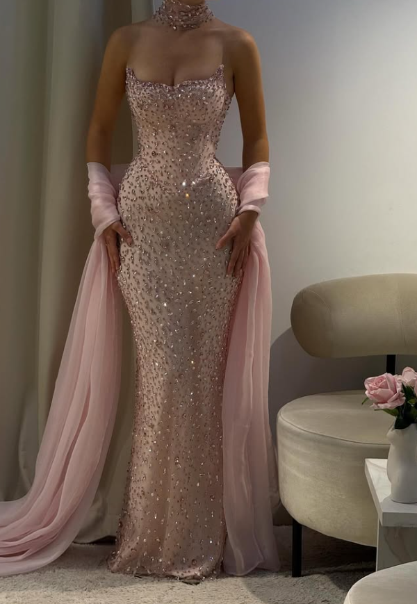 Pink Sheath Strapless Exquisite Rhinestone Tulle Long Prom Dress Evening Dress SH4625