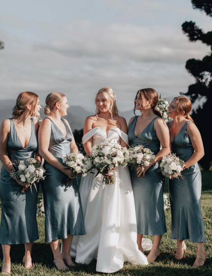 Cute Sheath V Neck Blue Satin Bridesmaid Dress Evening Dress SH2833