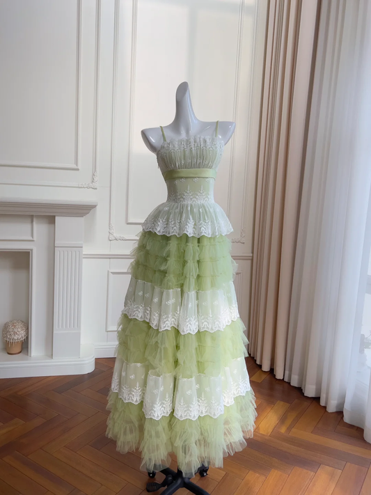 New A Line Spaghetti Strap Layered White Lace Green Tulle Party Dress Evening Dress SH2955