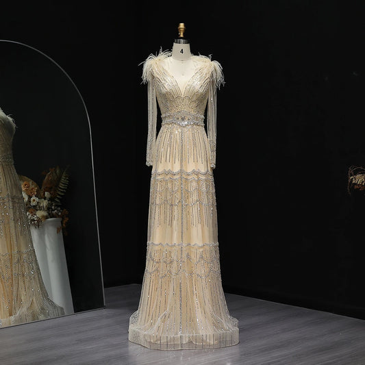 Stunning Crystal Blue Long Sleeves Evening Dress with Feather SS018