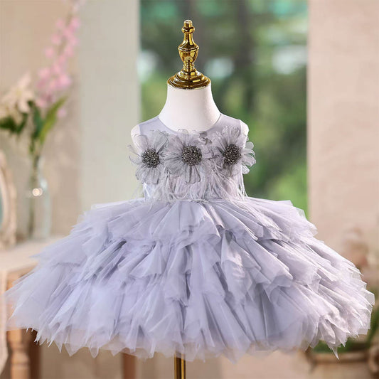 Gray Birthday Gown with Puffy Tulle Ruffles Flower Girl Dress J575