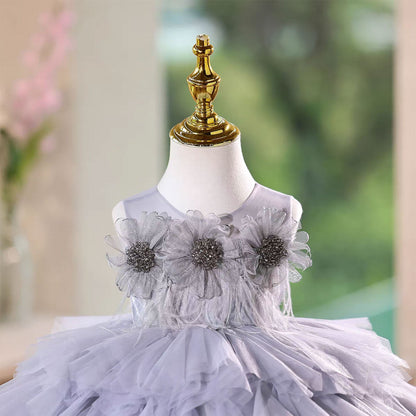 Gray Birthday Gown with Puffy Tulle Ruffles Flower Girl Dress J575