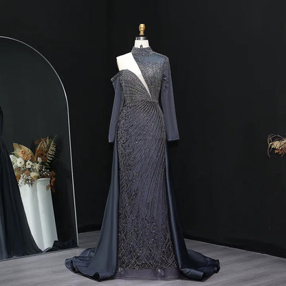 Wine Red One Shoulder Evening Dress with Overskirt SS019