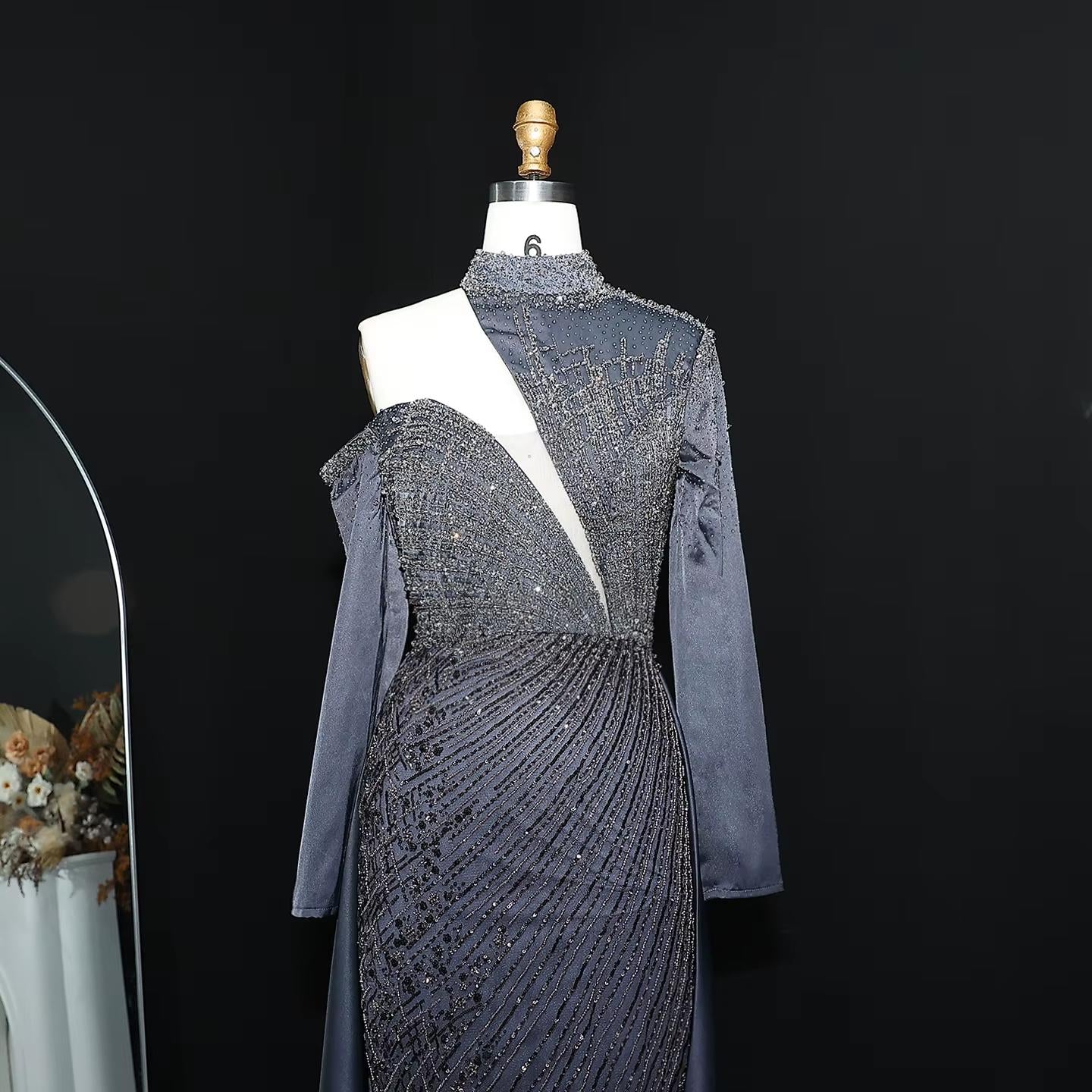 Wine Red One Shoulder Evening Dress with Overskirt SS019