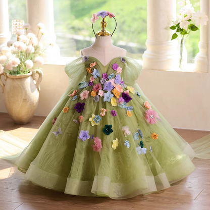 Green Flower Girl Dress with Floral Appliqués Floor Length D103