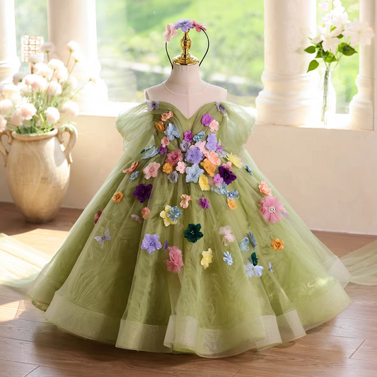 Green Flower Girl Dress with Floral Appliqués Floor Length D103