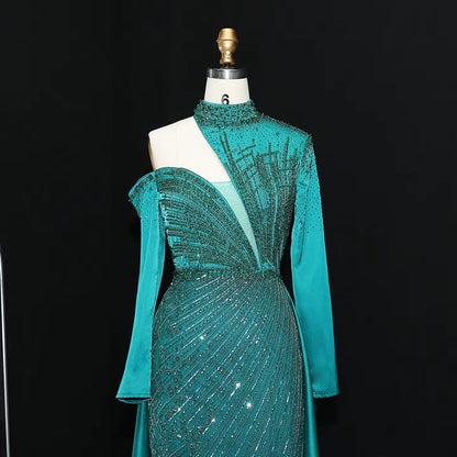 Wine Red One Shoulder Evening Dress with Overskirt SS019