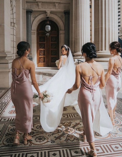 Simple Sheath One Shoulder Pleated Pink Satin Bridesmaid Dress Evening Dress SH3059