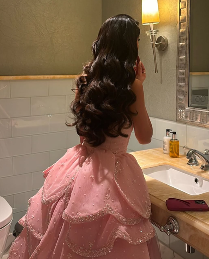 Pink A Line Strapless Tiered Beaded Tulle Party Dress Evening Dress Ball Gown SH2819