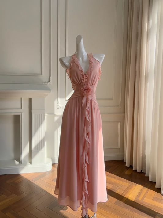 Classic A Line Halter Flower Pink Chiffon Open Back Prom Dress Wedding Guest Dress SH3020