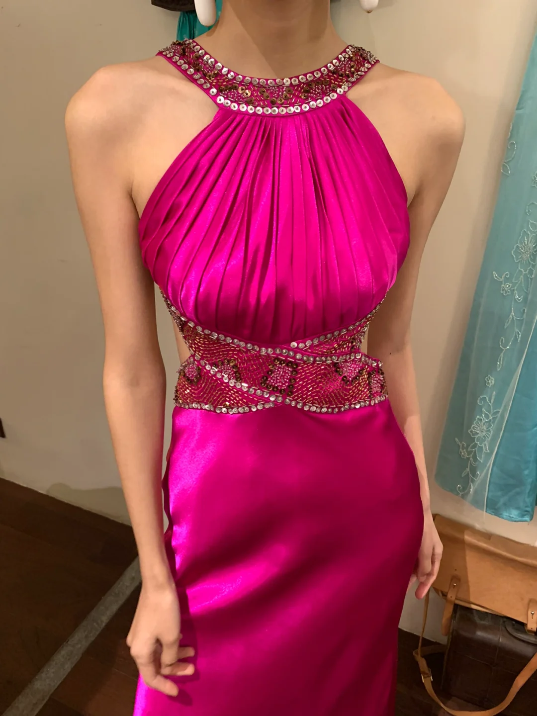 Vintage Mermaid Halter Beaded Sequin Pink Satin Long Open Back Party Dress Cocktail Dress SH2947