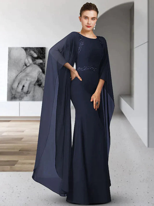 Mother of the Bride Dress Elegant Jewel Neck Floor Length Chiffon Long Sleeve with Sash Ribbon Appliques
