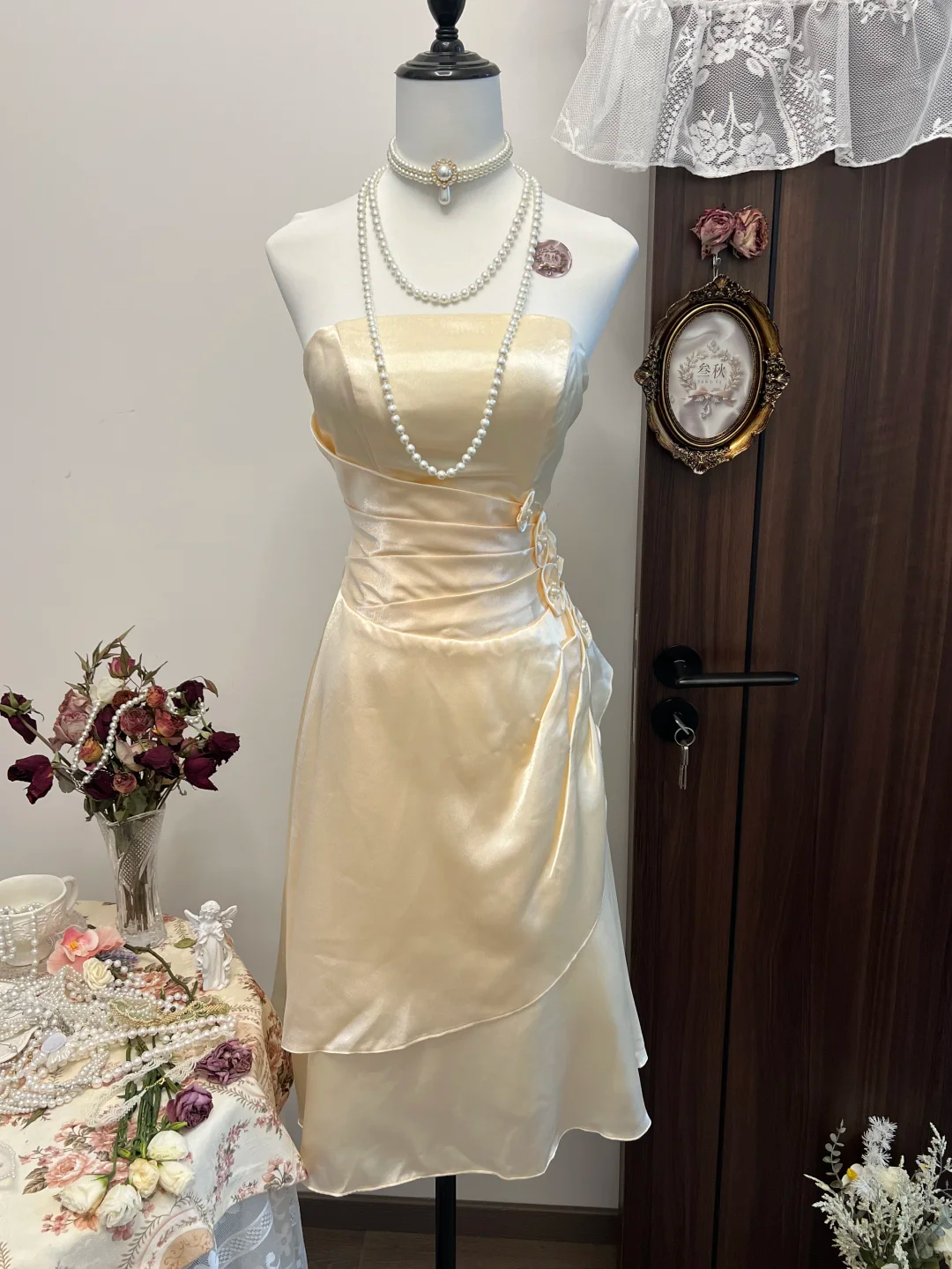 Simple A Line Strapless Flower Champagne Satin Short Homecoming Dress Cocktail Dress SH2990