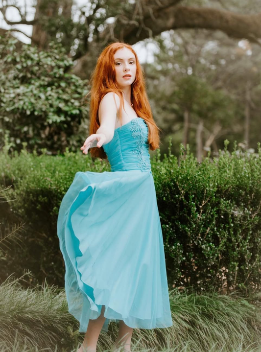 Cute A Line Strapless Appliques Blue Tulle Party Dress Evening Dress SH2811