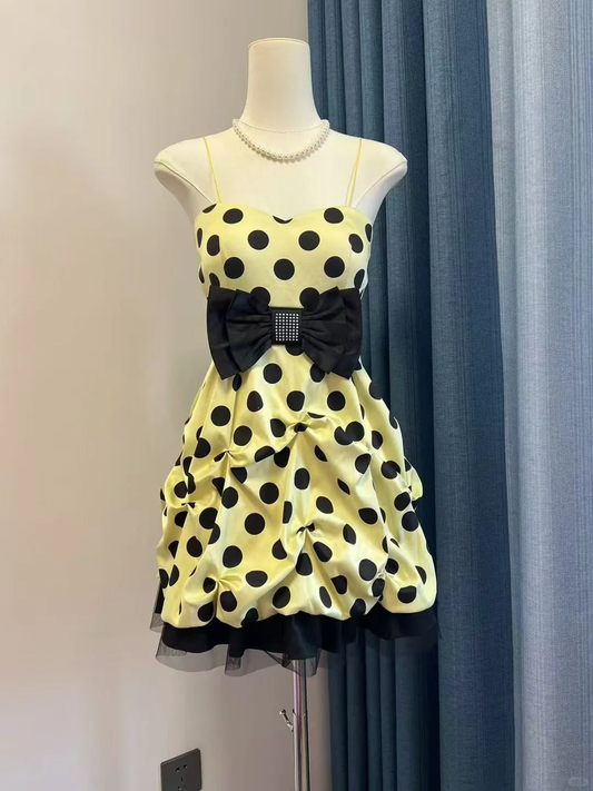 Cute A Line Spaghetti Strap Polka Dot Yellow Satin Short Homecoming Dress Cocktail Dress SH3008