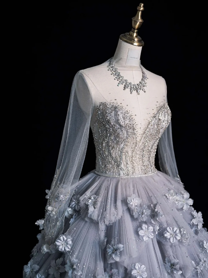 Unique A Line Long Sleeve Flower Tiered Tulle Long Party Dress Evening Dress Ball Gown SH2815