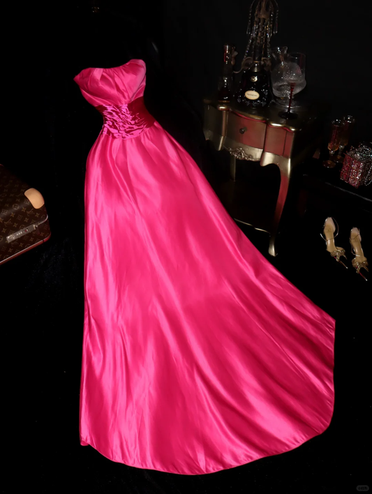 Barbie Pink A Line Strapless Satin Long Party Dress Evening Dress with Bow SH3137