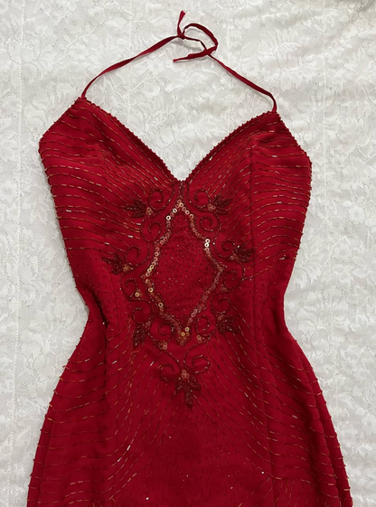 Vintage Mermaid Spaghetti Strap Sequin Beaded Red Chiffon Evening Dress Party Dress SH2690