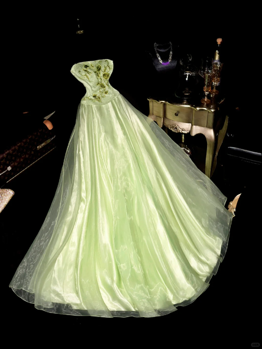Gentle A Line Strapless Beaded Embroidery Green Organza Satin Long Prom Dress Party Dress SH3044
