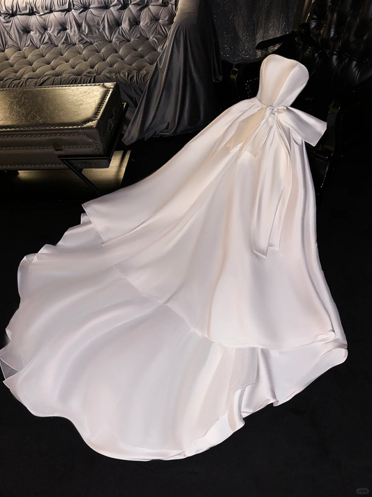 Simple A Line Off the Shoulder White Satin Long Party Dress Birthday Dress with Bow SH2909
