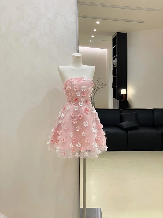 Pretty A Line Strapless Flower Pink Tulle Short Homecoming Dress Cocktail Dress SH3120