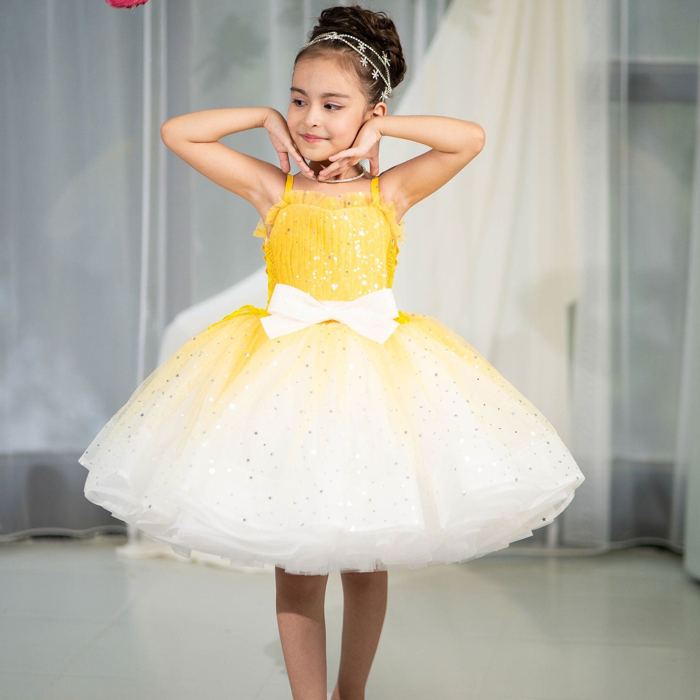 Twinkle Pink Flower Girl Dress with White Bow for Toddler Party D133