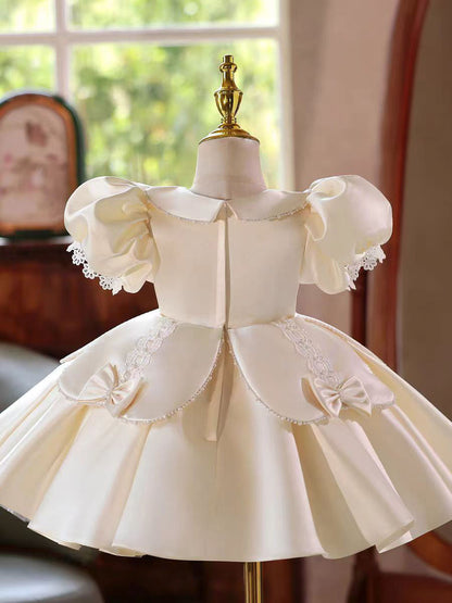 Ivory Princess Girl Gown with Puff Sleeves and Knee Length Skirt J406