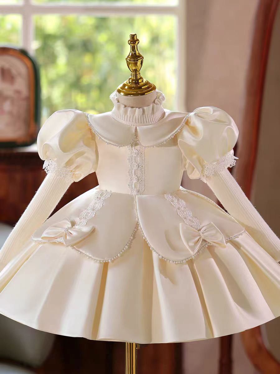 Ivory Princess Girl Gown with Puff Sleeves and Knee Length Skirt J406