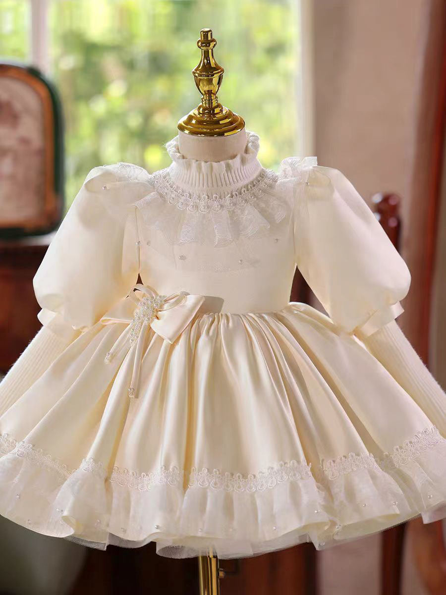 Elegant Ivory Princess Girl Dress with Half Sleeves Knee Length D033