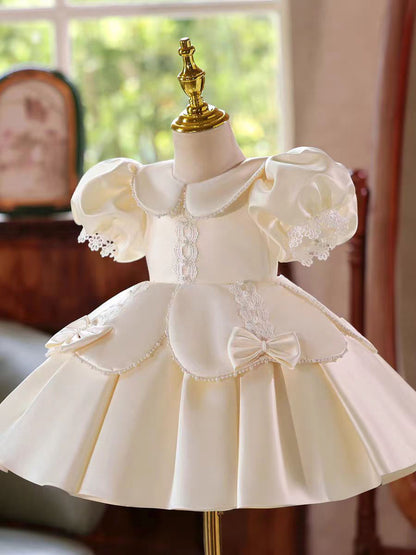 Ivory Princess Girl Gown with Puff Sleeves and Knee Length Skirt J406