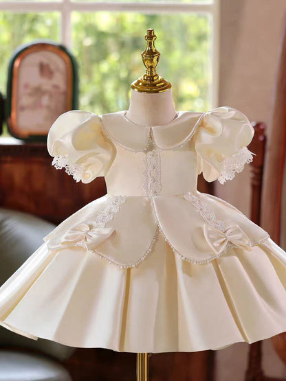 Ivory Princess Girl Gown with Puff Sleeves and Knee Length Skirt J406