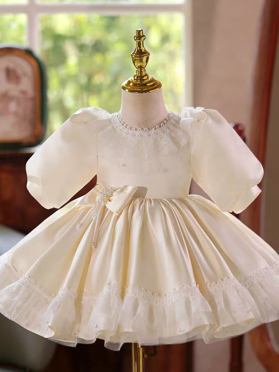 Elegant Ivory Princess Girl Dress with Half Sleeves Knee Length D033