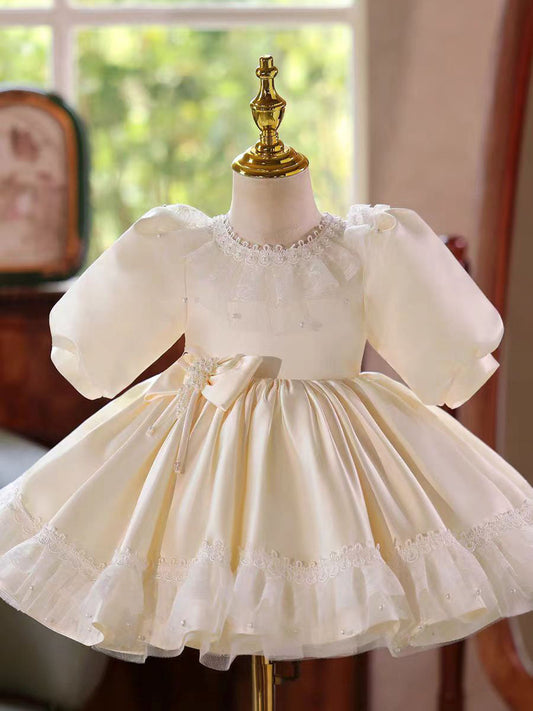 Elegant Ivory Princess Girl Dress with Half Sleeves Knee Length D033
