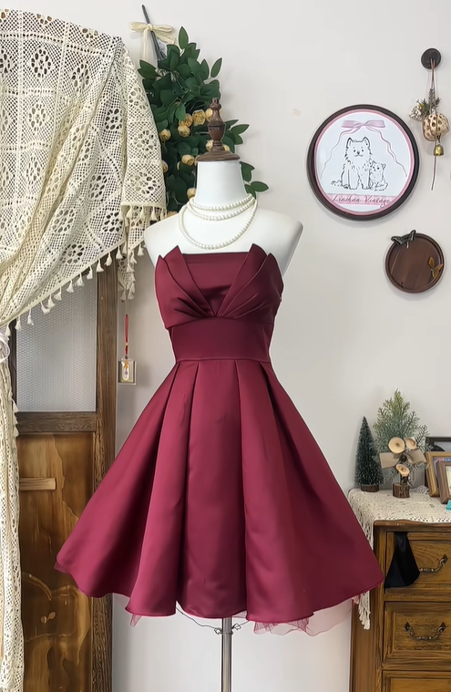Simple A Line Strapless Burgundy Satin Short Homecoming Dress Cocktail Dress SH3010