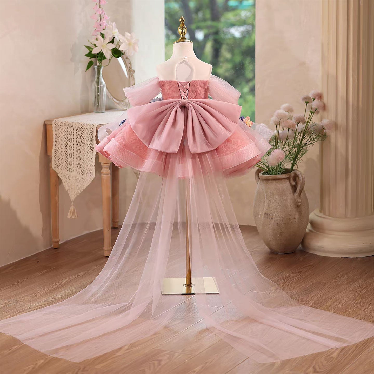 Flower Girl Dress Pink Off Shoulder Layered Ruffles Keen Length J565