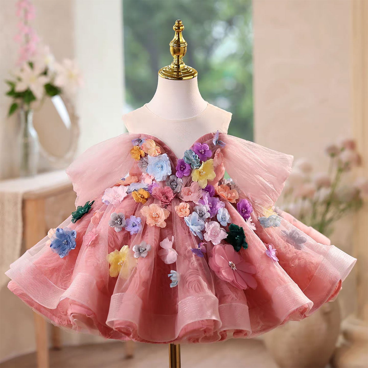 Flower Girl Dress Pink Off Shoulder Layered Ruffles Keen Length J565